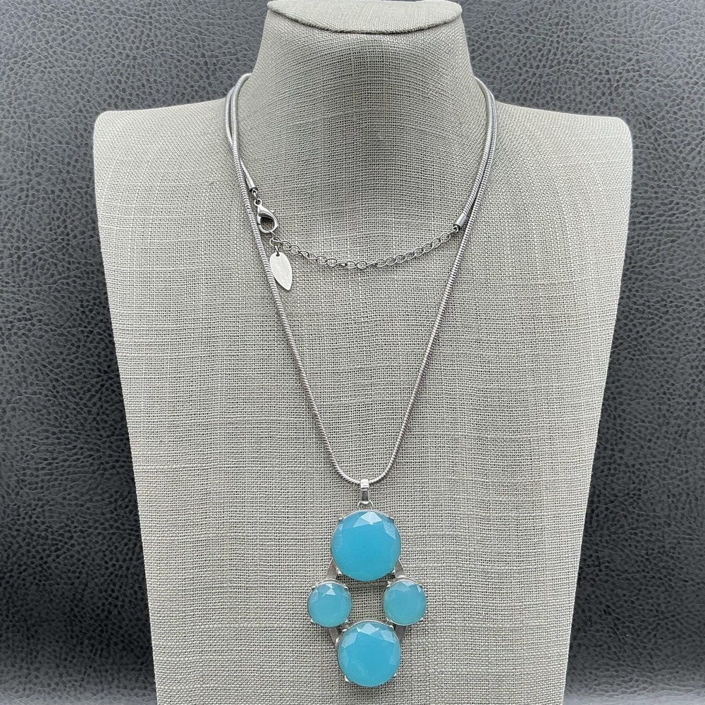 Coldwater Creek Necklace Silver Tone Turquoise Pendant Womens Statement 30 In